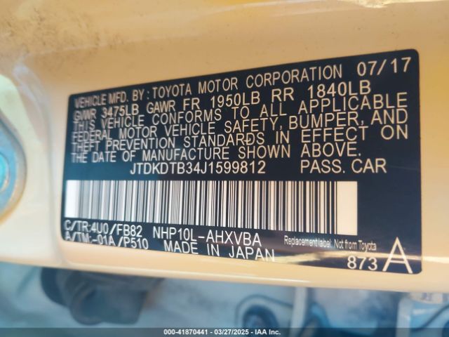 JTDKDTB34J1599812 Toyota Prius C Two