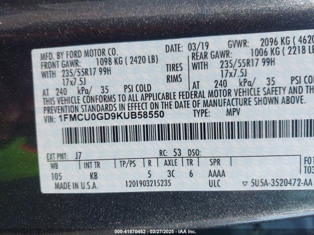 1FMCU0GD9KUB58550 Ford ESCAPE SE