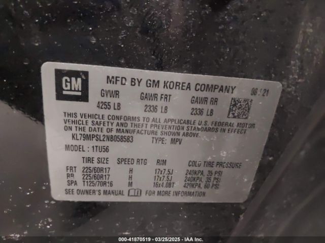 KL79MPSL2NB058583 Chevrolet Trailblazer Fwd Lt