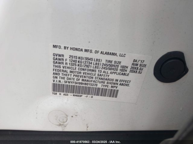 5FNYF5H99HB015370 Honda Pilot Touring