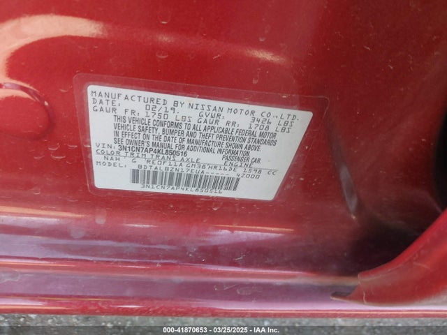 3N1CN7AP4KL850516 Nissan Versa 1.6 Sv