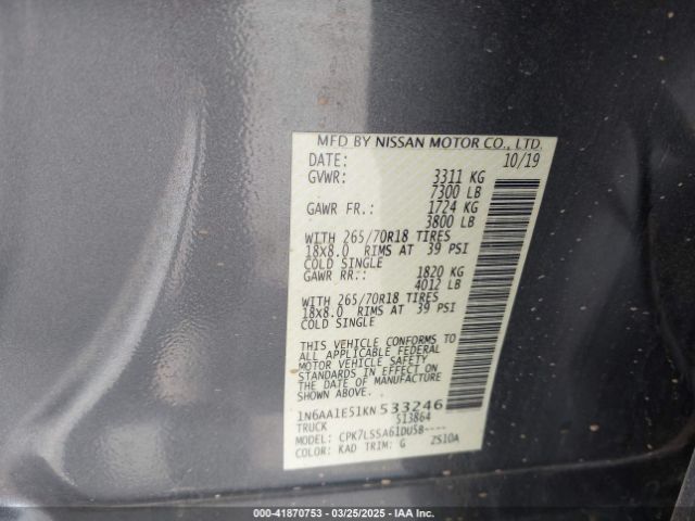 1N6AA1E51KN533246 Nissan TITAN SV