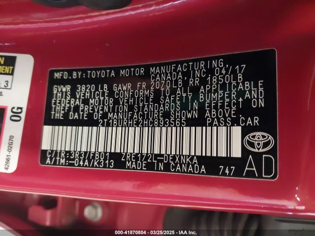 Toyota COROLLA LE 2017 2T1BURHE2HC893565 Image 9