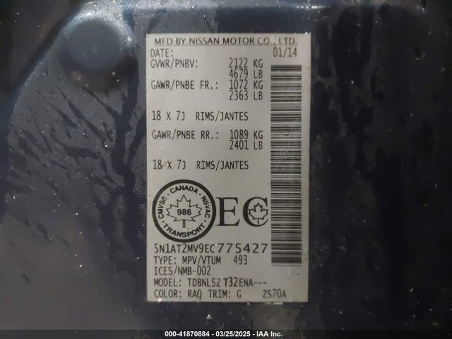 5N1AT2MV9EC775427 Nissan Rogue S/sl/sv