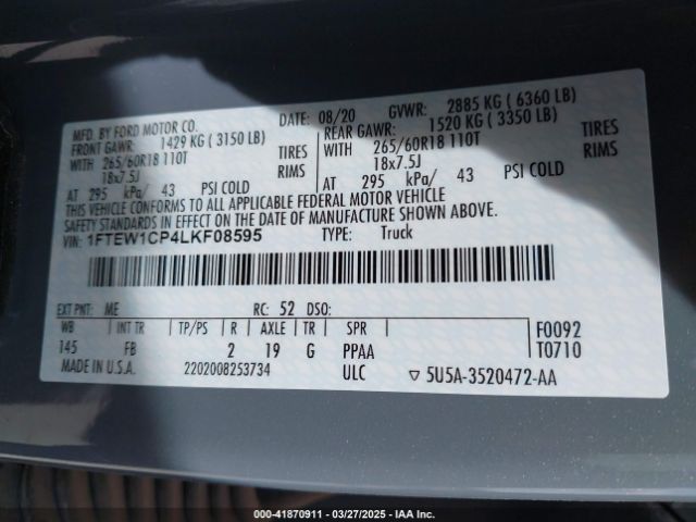 1FTEW1CP4LKF08595 Ford F-150 Xlt