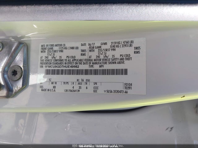 1FMCU9GD7HUE49982 Ford gtdi sigma w/premium fuel