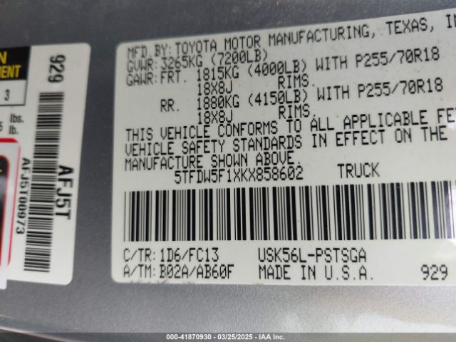5TFDW5F1XKX858602 Toyota Tundra Sr5 5.7l V8