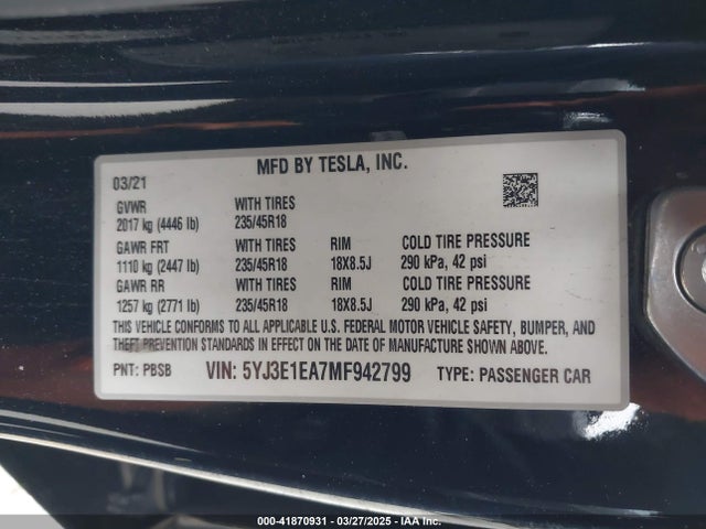 2021 TESLA MODEL 3 5YJ3E1EA7MF942799 Photo 8
