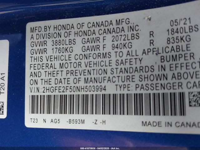 2HGFE2F50NH503994 Honda Civic Sport