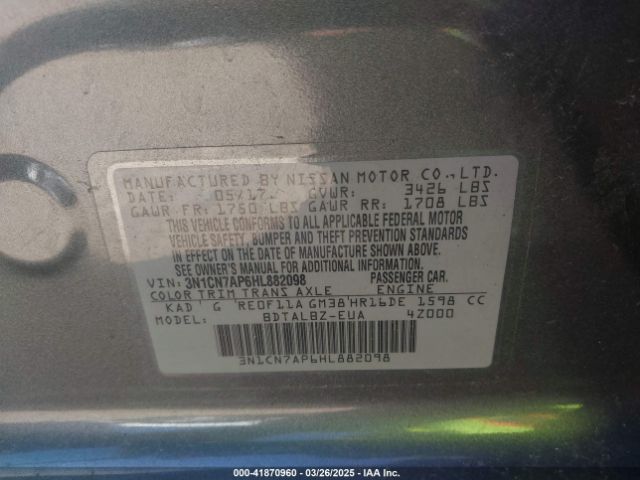 3N1CN7AP6HL882098 Nissan Versa 1.6 Sv