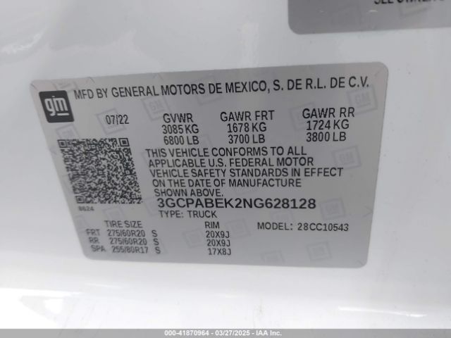 3GCPABEK2NG628128 Chevrolet Silverado 1500 2wd  Short Bed Custom