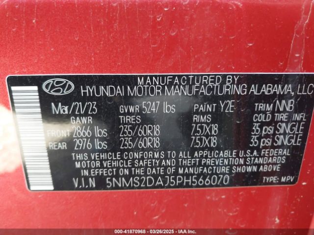 5NMS2DAJ5PH566070 Hyundai Santa Fe Sel