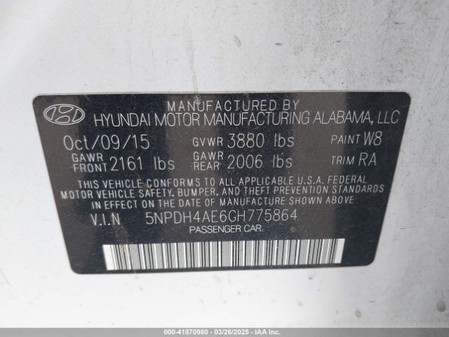 5NPDH4AE6GH775864 Hyundai ELANTRA SE