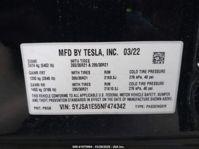 5YJSA1E55NF474342 Tesla Model S Dual Motor All-wheel Drive