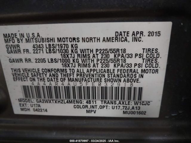 4A4AR4AU5FE032918 Mitsubishi Outlander Sport Se