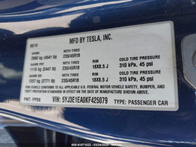 5YJ3E1EA0KF425079 Tesla Model 3 Long Range/mid Range/standard Range/standard Range Plus