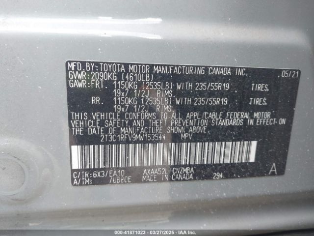 2T3C1RFV9MW153544 Toyota Rav4 Xle Premium