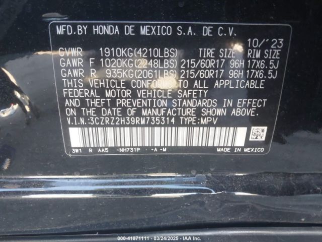 3CZRZ2H39RM735314 Honda Hr-v Awd Lx