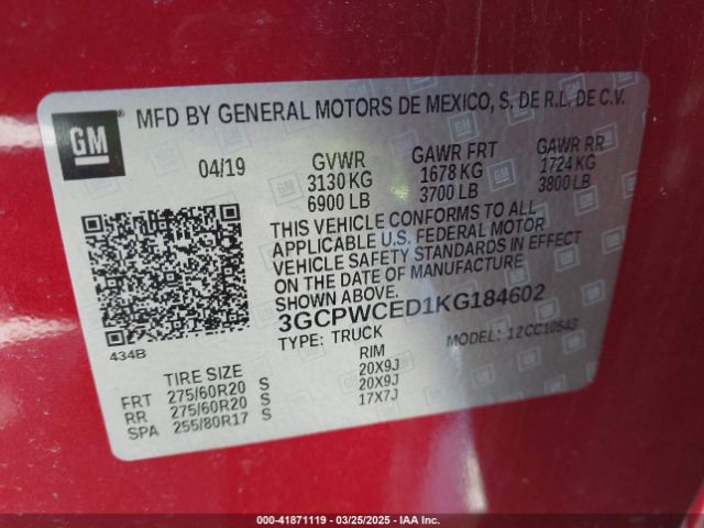 3GCPWCED1KG184602 Chevrolet Silverado 1500 Lt