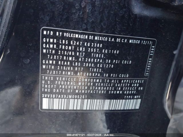 3VV3B7AX9JM095251 Volkswagen Tiguan 2.0t Se/2.0t Sel