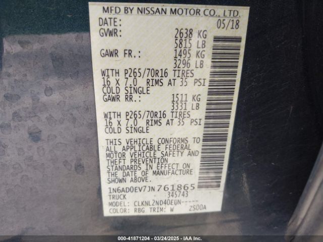1N6AD0EV7JN761865 Nissan Frontier Sv
