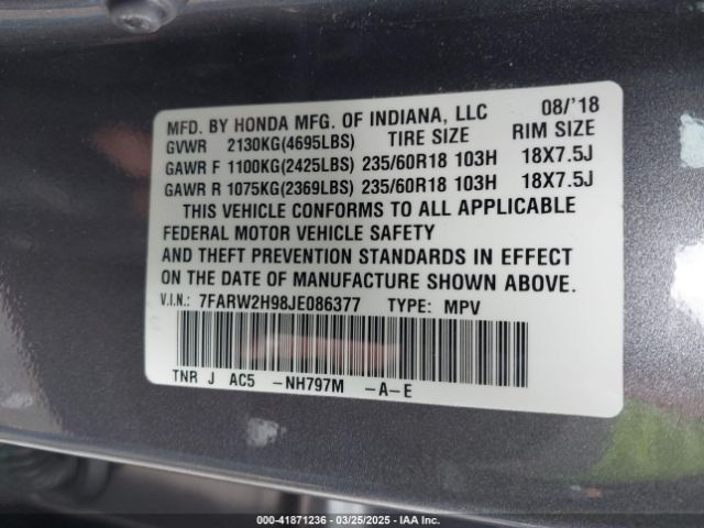 7FARW2H98JE086377 Honda Cr-v Touring
