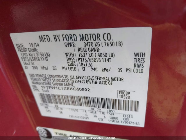 1FTFW1ETXEKG50502 Ford F-150 Fx4