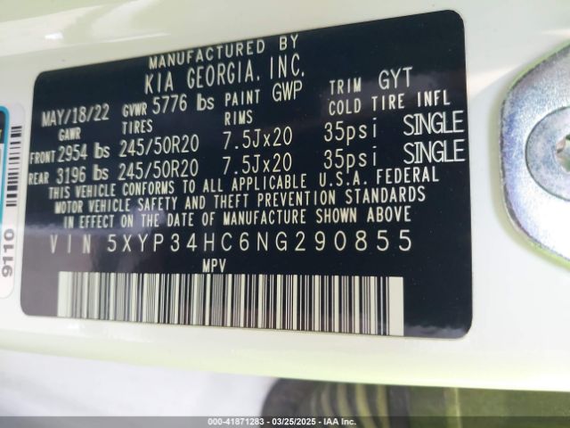 5XYP34HC6NG290855 KIA gdi lambda-ii