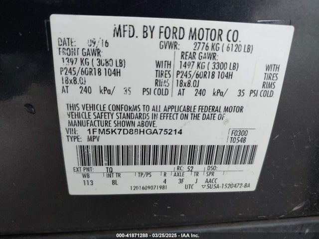 1FM5K7D88HGA75214 Ford EXPLORER XLT