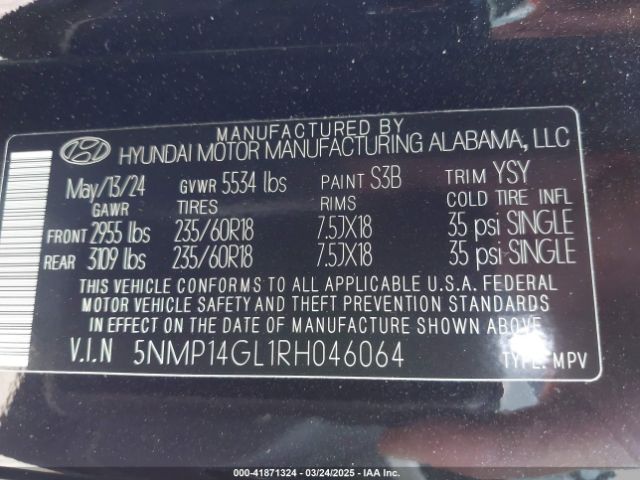 5NMP14GL1RH046064 Hyundai Santa Fe Se