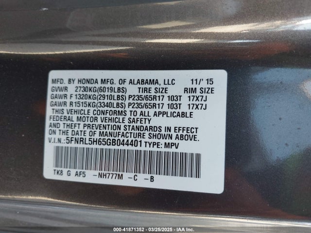 5FNRL5H65GB044401 Honda Odyssey Ex-l