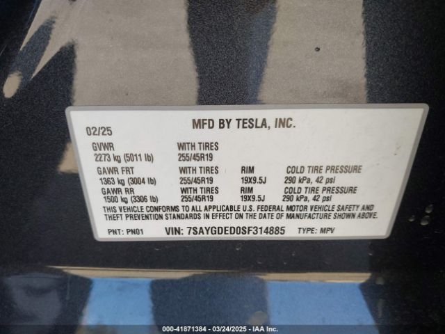 7SAYGDED0SF314885 Tesla Model Y Long Range Dual Motor All-wheel Drive