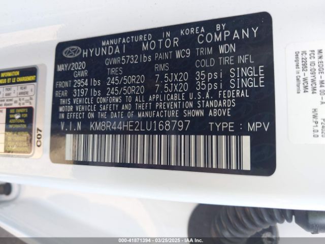 KM8R44HE2LU168797 Hyundai Palisade Sel