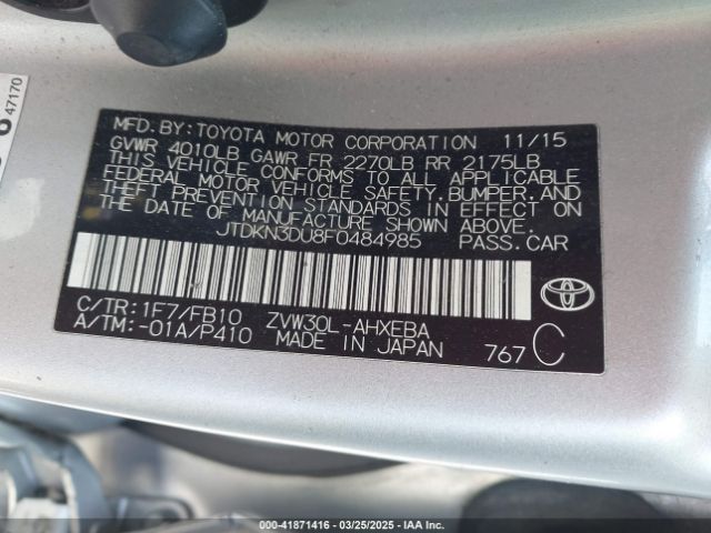 JTDKN3DU8F0484985 Toyota Prius Two