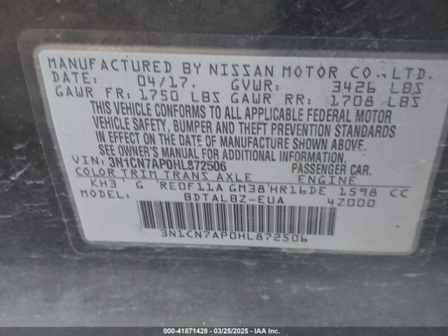 3N1CN7AP0HL872506 Nissan Versa 1.6 Sv