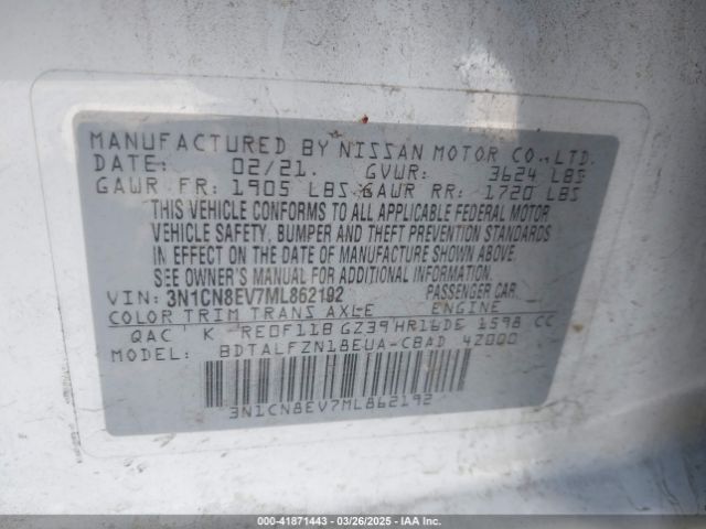 3N1CN8EV7ML862192 Nissan Versa Sv Xtronic Cvt