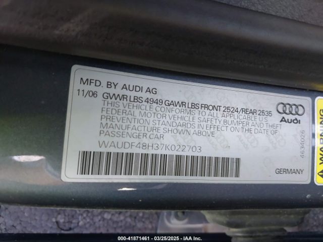 2007 AUDI A4 WAUDF48H37K022703 Photo 8