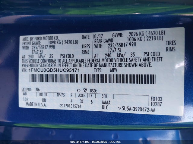 1FMCU0GD5HUC95171 Ford ESCAPE SE