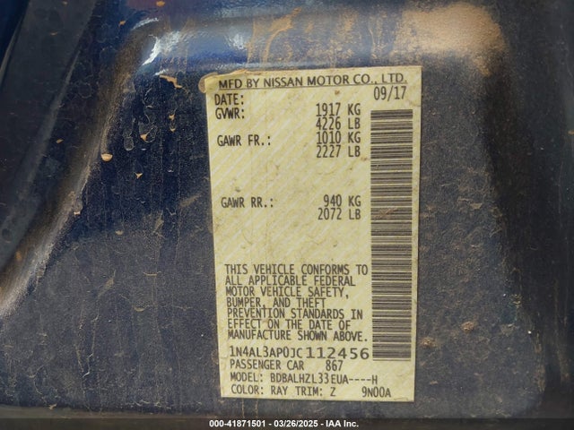 1N4AL3AP0JC112456 Nissan Altima 2.5 Sr