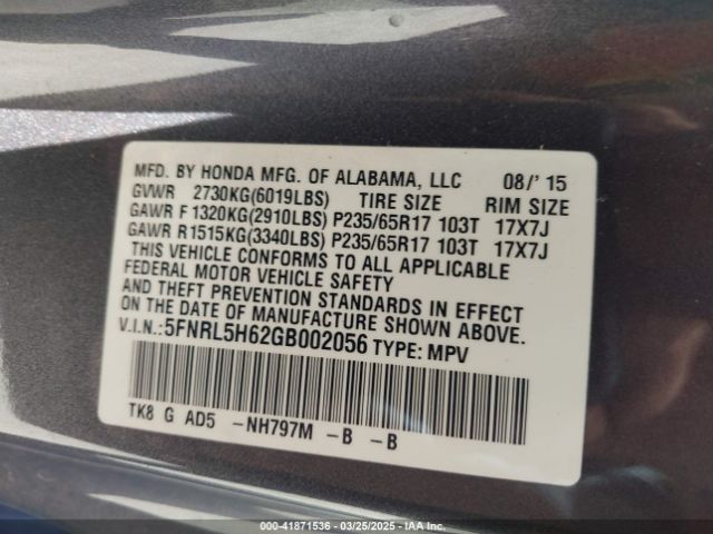 5FNRL5H62GB002056 Honda Odyssey Ex-l