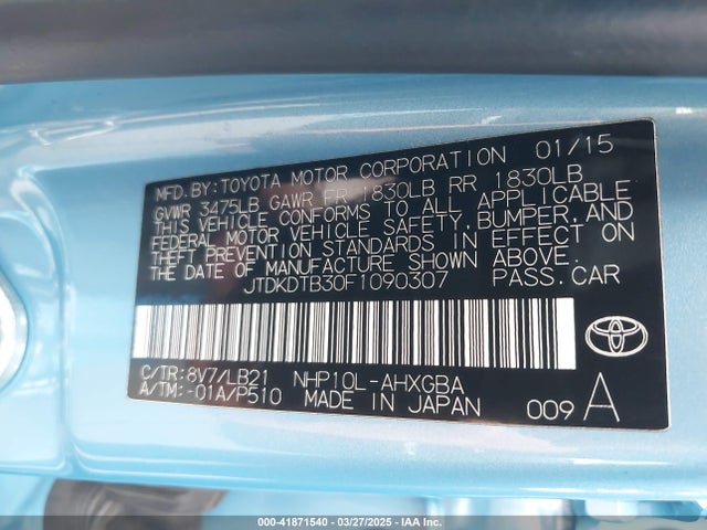JTDKDTB30F1090307 Toyota 1nz-fxe+1lm
