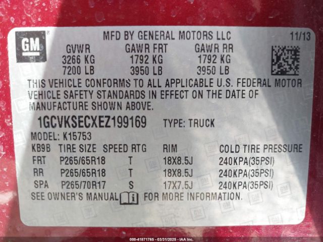 1GCVKSECXEZ199169 Chevrolet Silverado 1500 2lz
