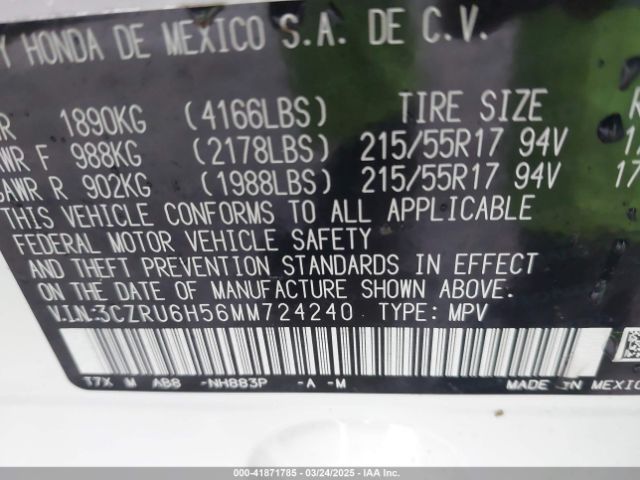 3CZRU6H56MM724240 Honda Hr-v Awd Ex