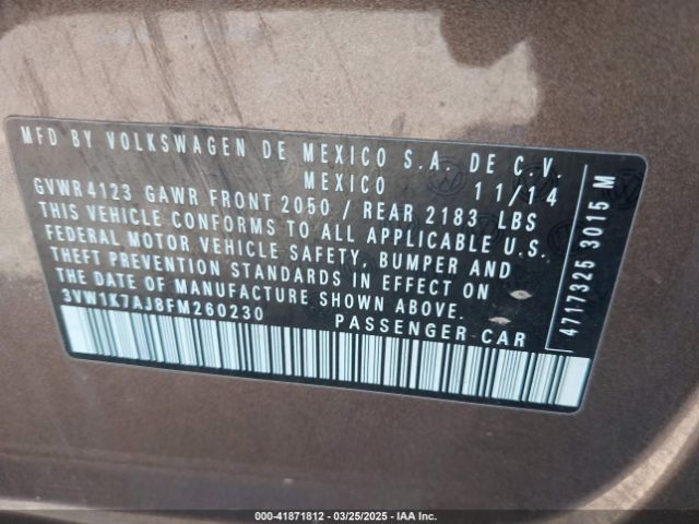 3VW1K7AJ8FM260230 Volkswagen Jetta 2.0l S