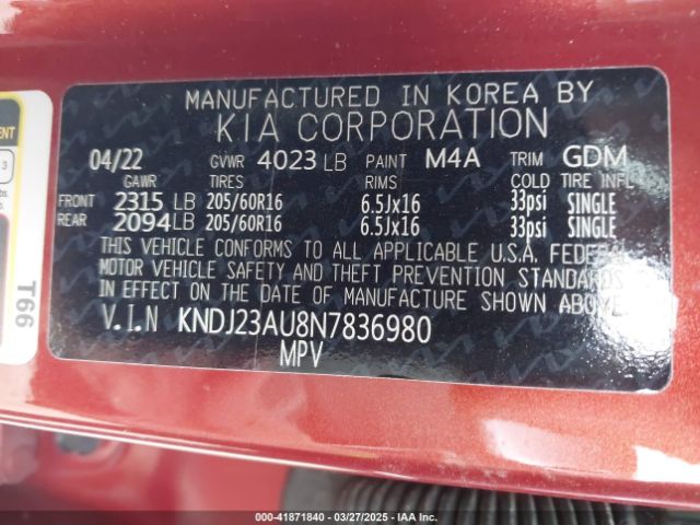 KNDJ23AU8N7836980 KIA SOUL LX