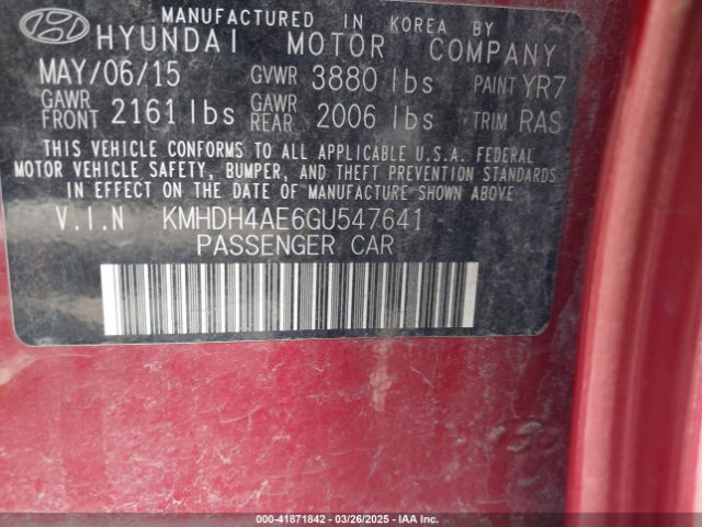 KMHDH4AE6GU547641 Hyundai ELANTRA SE