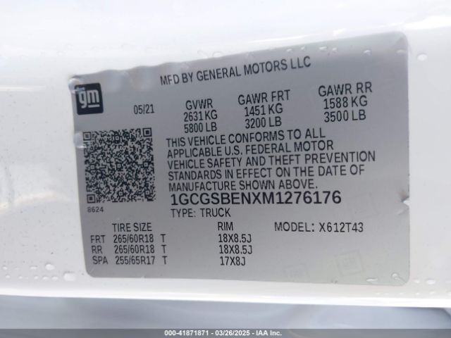 1GCGSBENXM1276176 Chevrolet Colorado 2wd  Long Box Wt