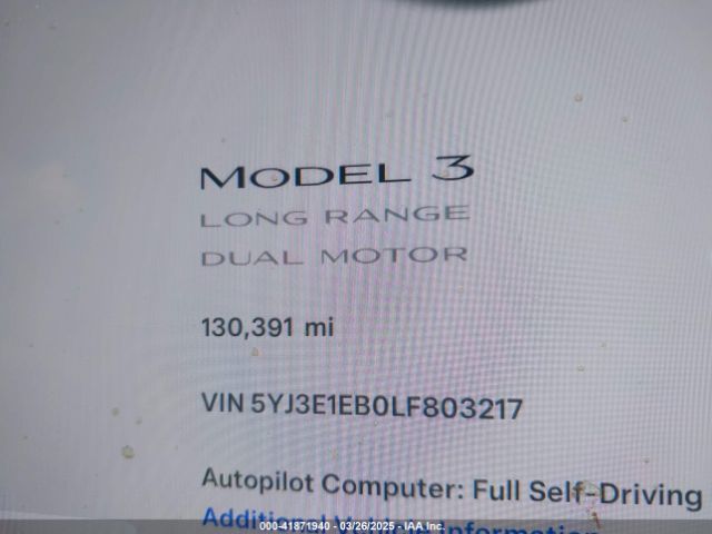 5YJ3E1EB0LF803217 Tesla Model 3 Long Range Dual Motor All-wheel Drive