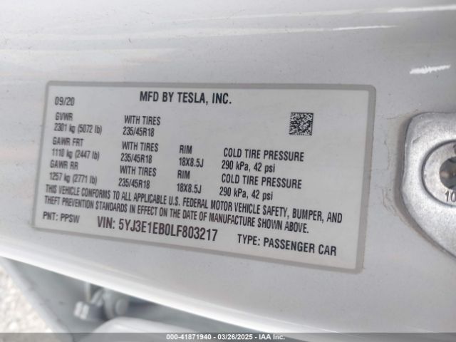 5YJ3E1EB0LF803217 Tesla Model 3 Long Range Dual Motor All-wheel Drive