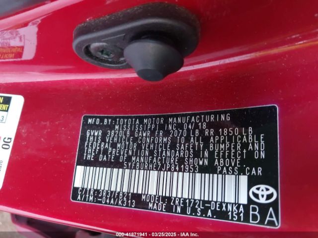 5YFBURHE7JP841953 Toyota COROLLA LE